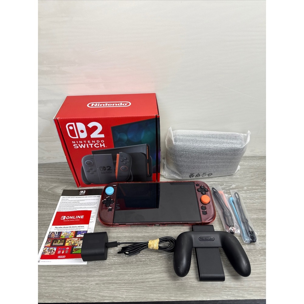Nintendo Switch 2 Console Bundle Red Glitter Shell Joy-Con Dock AC Adapter Box